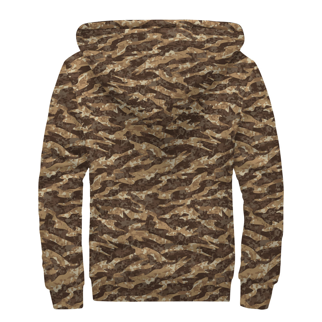 Desert Tiger Stripe Camouflage Print Sherpa Lined Zip Up Hoodie
