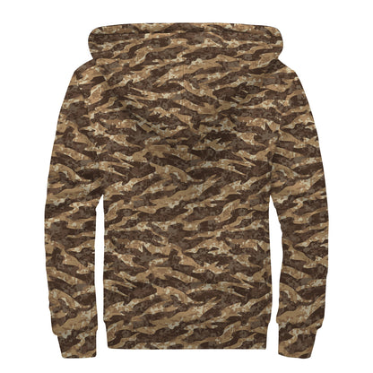 Desert Tiger Stripe Camouflage Print Sherpa Lined Zip Up Hoodie