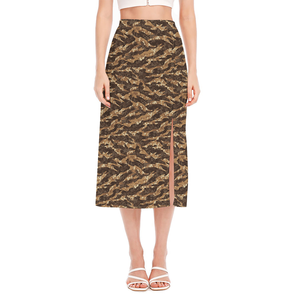Desert Tiger Stripe Camouflage Print Side Slit Midi Skirt