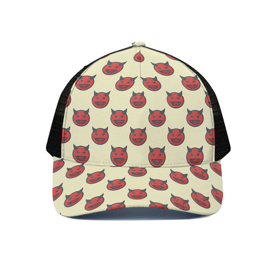 Devil Emoji Pattern Print Black Mesh Trucker Cap