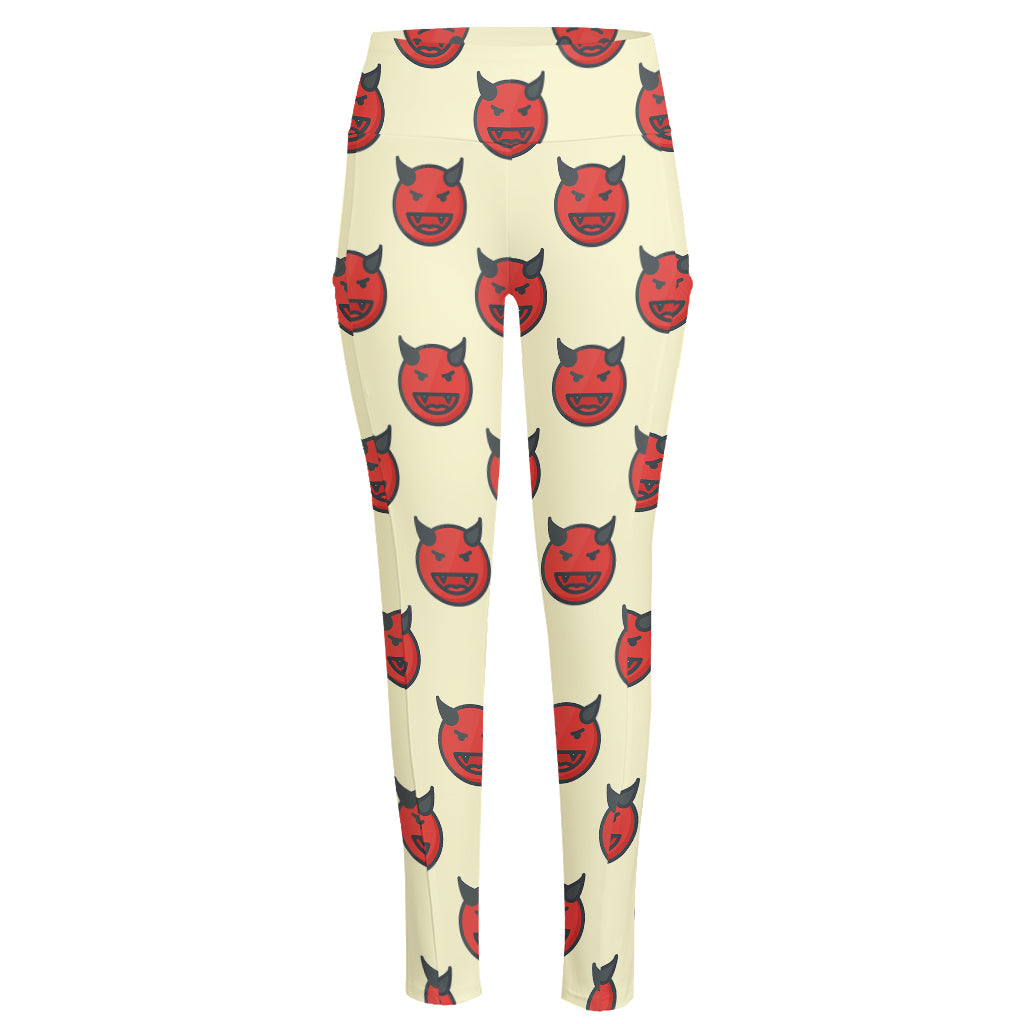 Devil Emoji Pattern Print High-Waisted Pocket Leggings