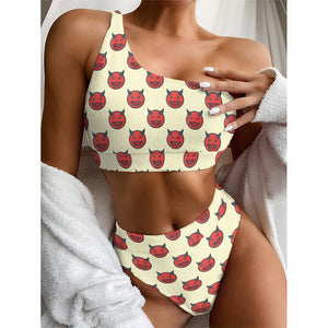 Devil Emoji Pattern Print One Shoulder Bikini Top