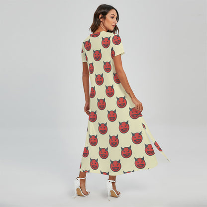 Devil Emoji Pattern Print Short Sleeve Maxi Dress