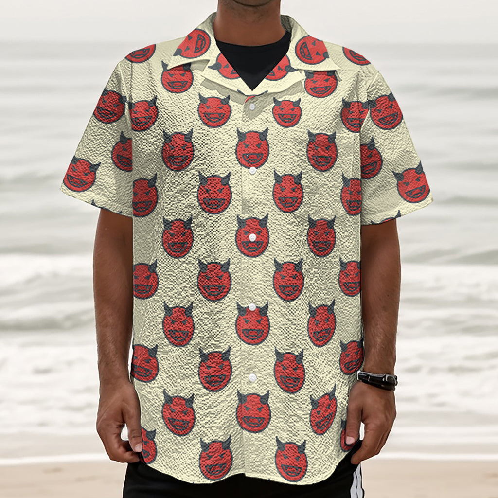 Devil Emoji Pattern Print Textured Short Sleeve Shirt