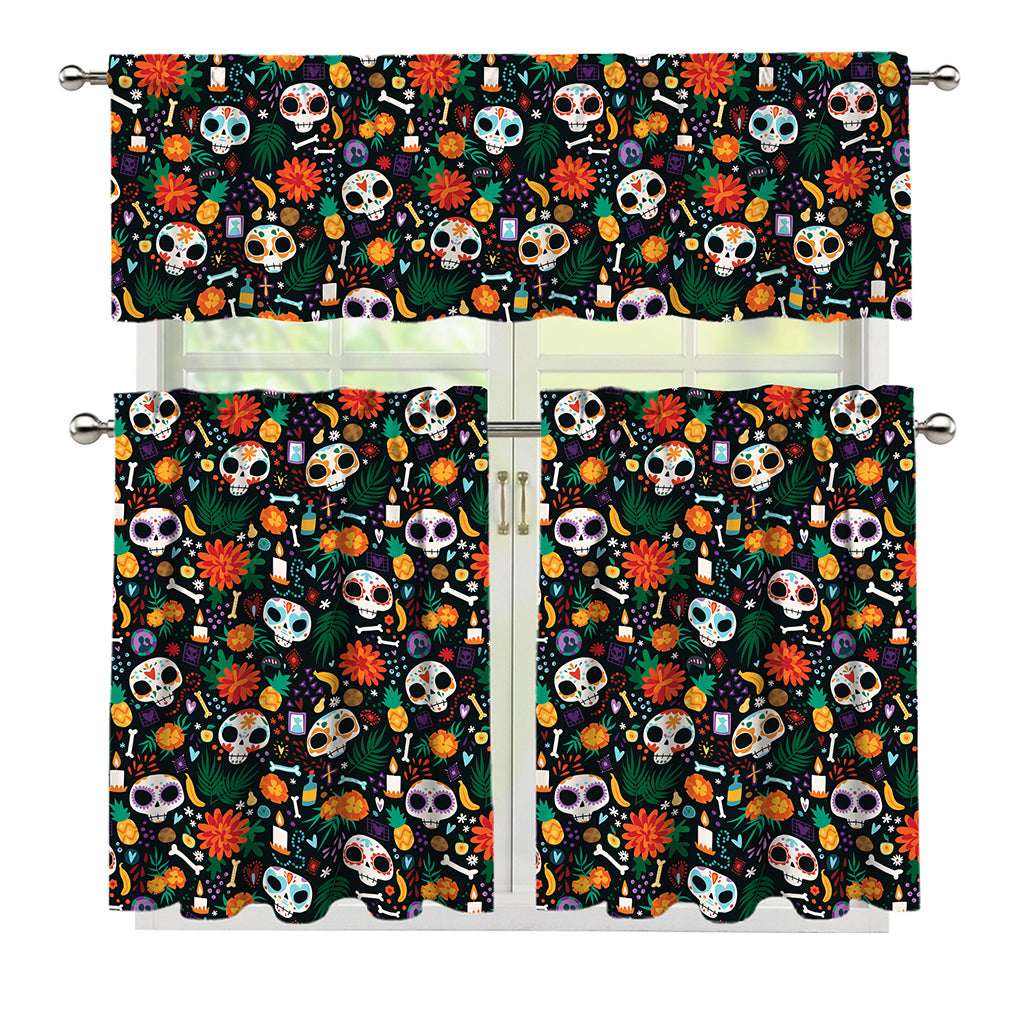 Dia De Los Muertos Day Of The Dead Print 3 Piece Kitchen Curtains