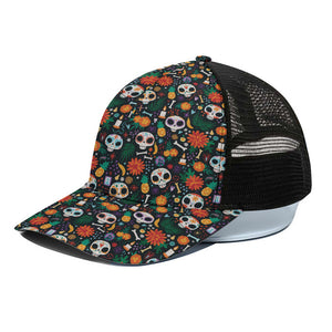 Dia De Los Muertos Day Of The Dead Print Black Mesh Trucker Cap