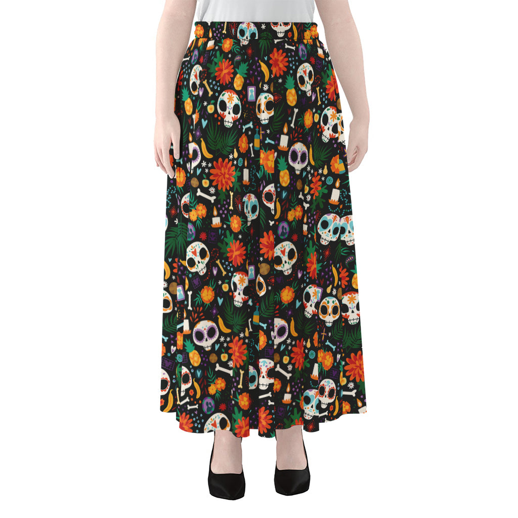 Dia De Los Muertos Day Of The Dead Print Chiffon Maxi Skirt