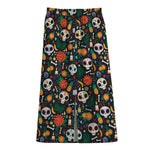 Dia De Los Muertos Day Of The Dead Print Cotton Front Slit Maxi Skirt