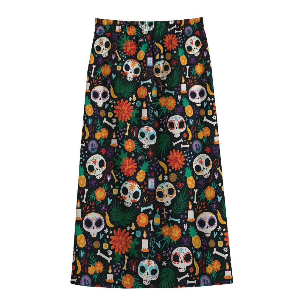 Dia De Los Muertos Day Of The Dead Print Cotton Front Slit Maxi Skirt