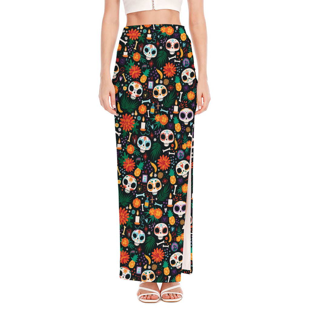 Dia De Los Muertos Day Of The Dead Print High Slit Maxi Skirt