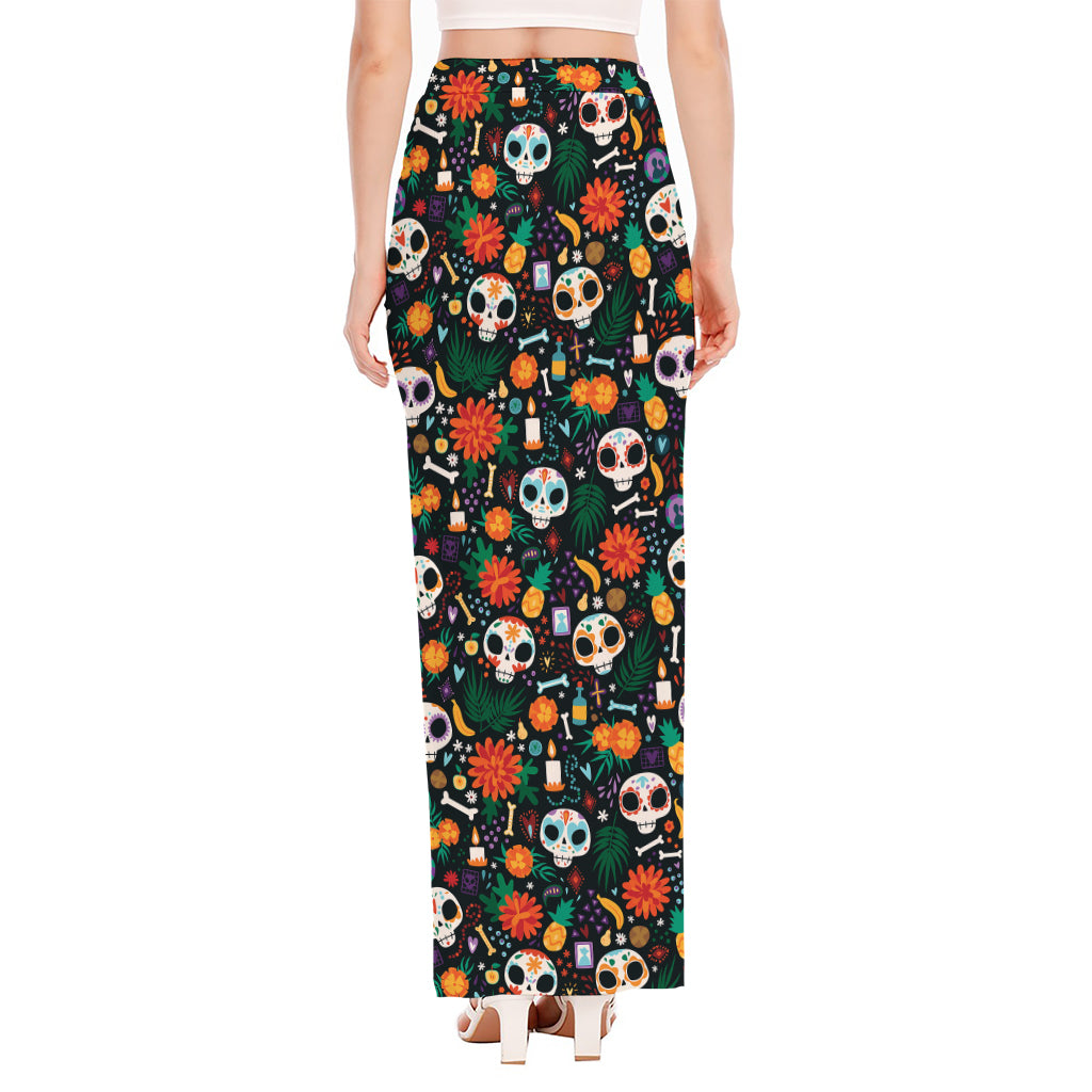 Dia De Los Muertos Day Of The Dead Print High Slit Maxi Skirt