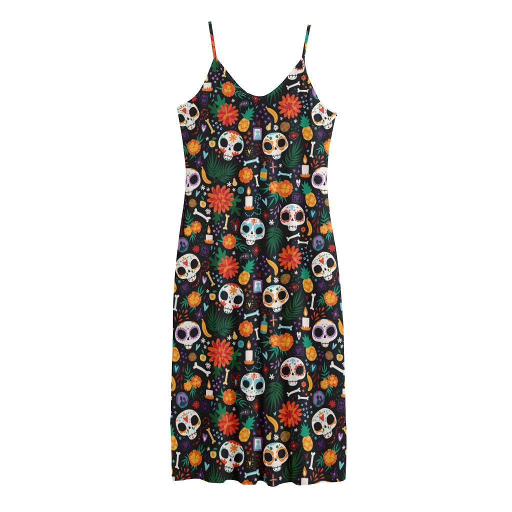 Dia De Los Muertos Day Of The Dead Print Jersey Midi Cami Dress