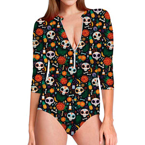 Dia De Los Muertos Day Of The Dead Print Long Sleeve Swimsuit