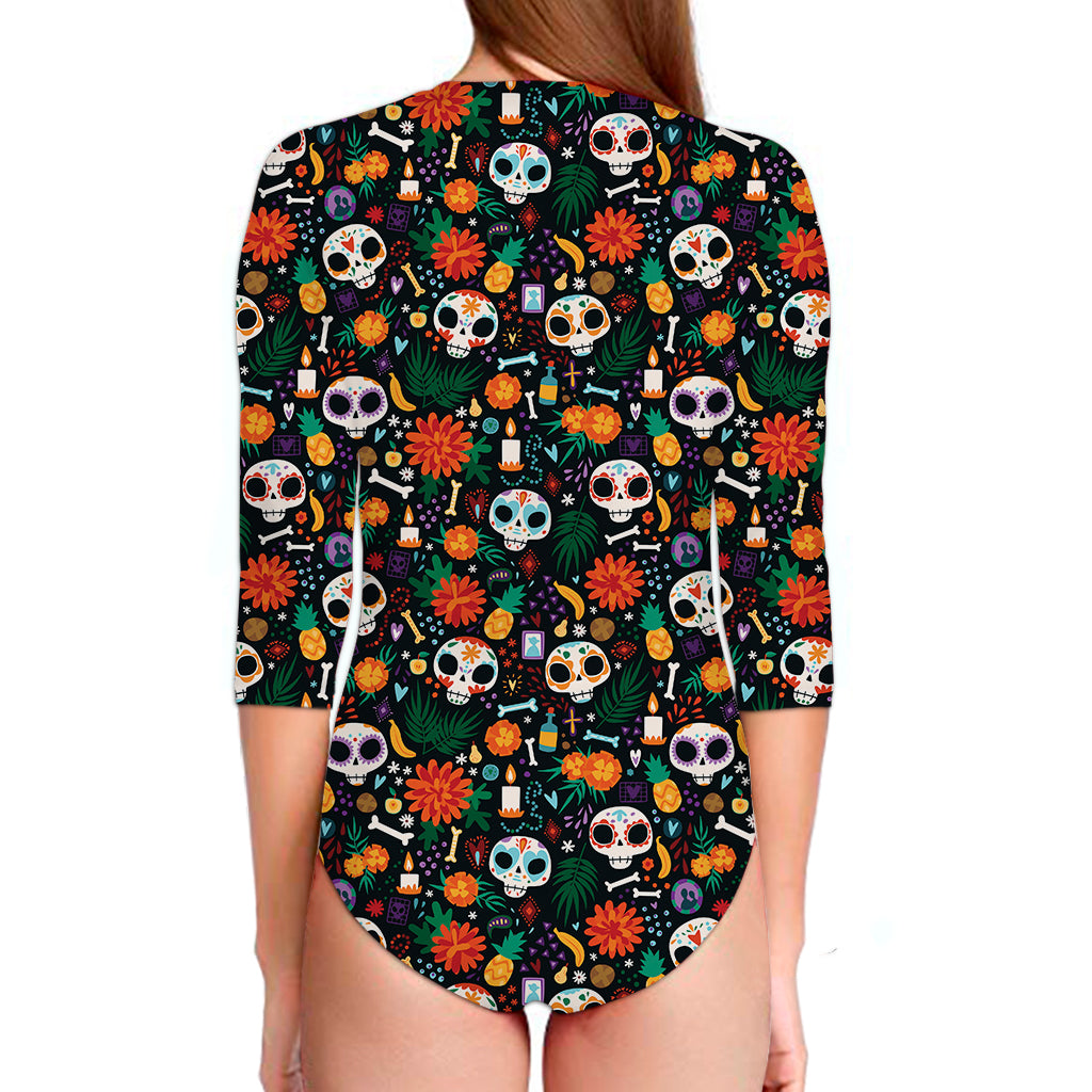 Dia De Los Muertos Day Of The Dead Print Long Sleeve Swimsuit