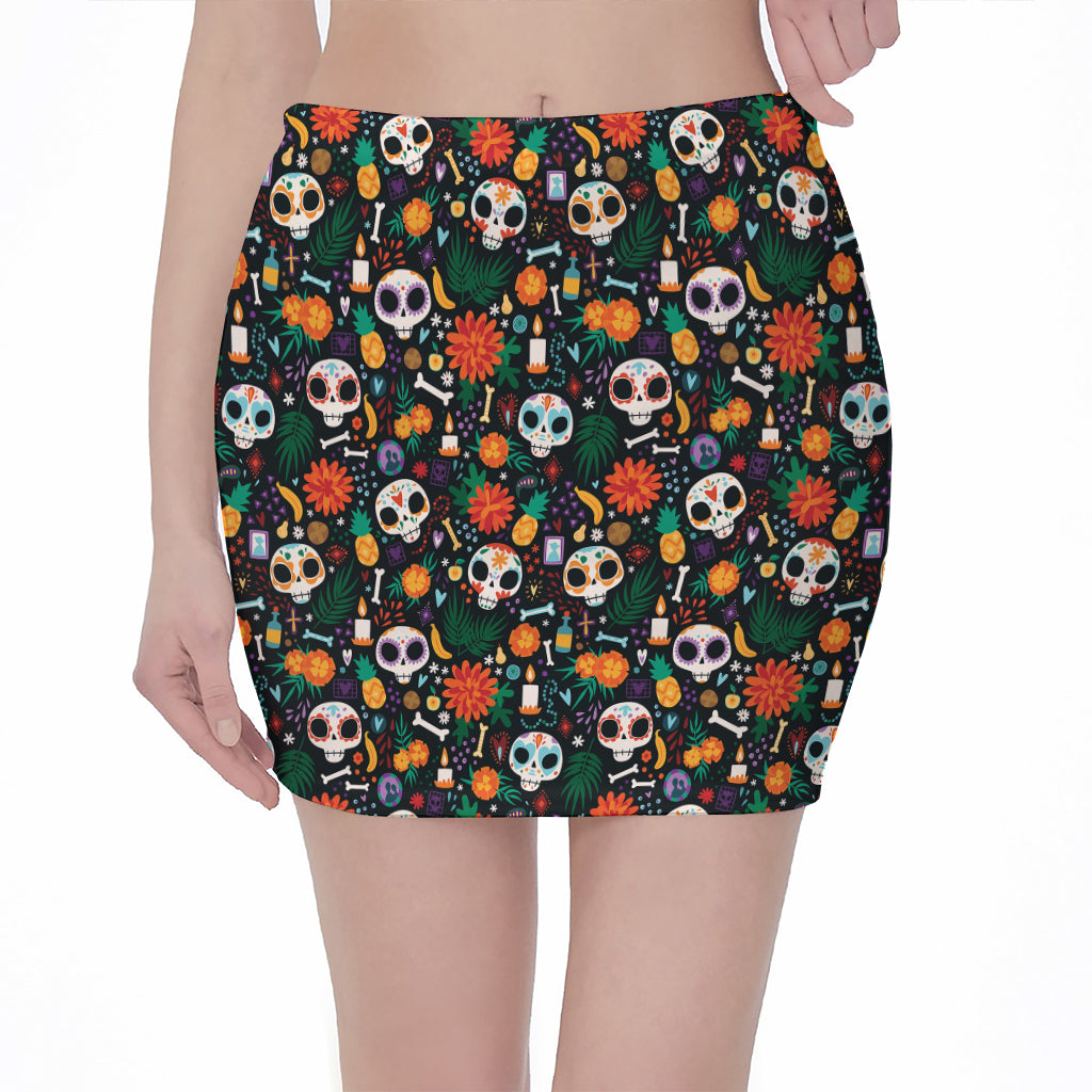 Dia De Los Muertos Day Of The Dead Print Pencil Mini Skirt