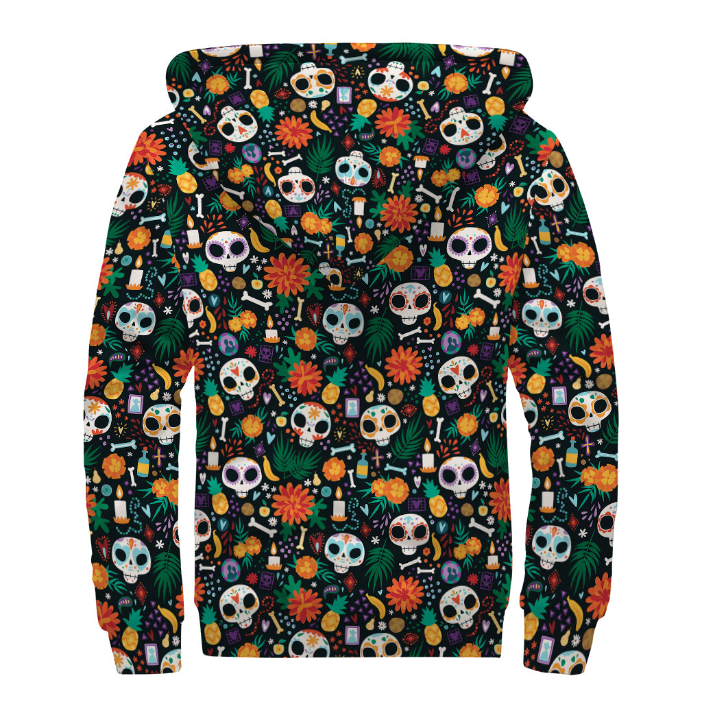 Dia De Los Muertos Day Of The Dead Print Sherpa Lined Zip Up Hoodie