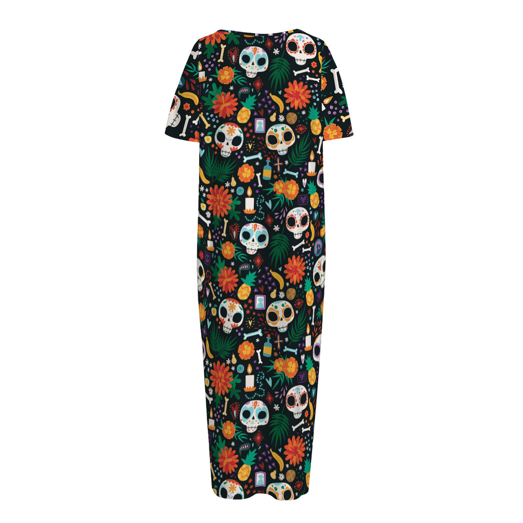 Dia De Los Muertos Day Of The Dead Print Short Sleeve Long Nightdress