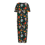 Dia De Los Muertos Day Of The Dead Print Short Sleeve Long Nightdress