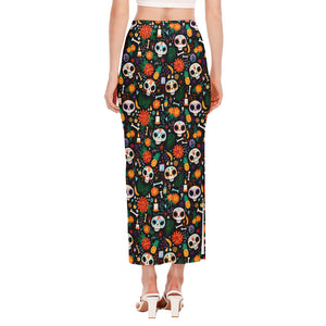 Dia De Los Muertos Day Of The Dead Print Side Slit Maxi Skirt