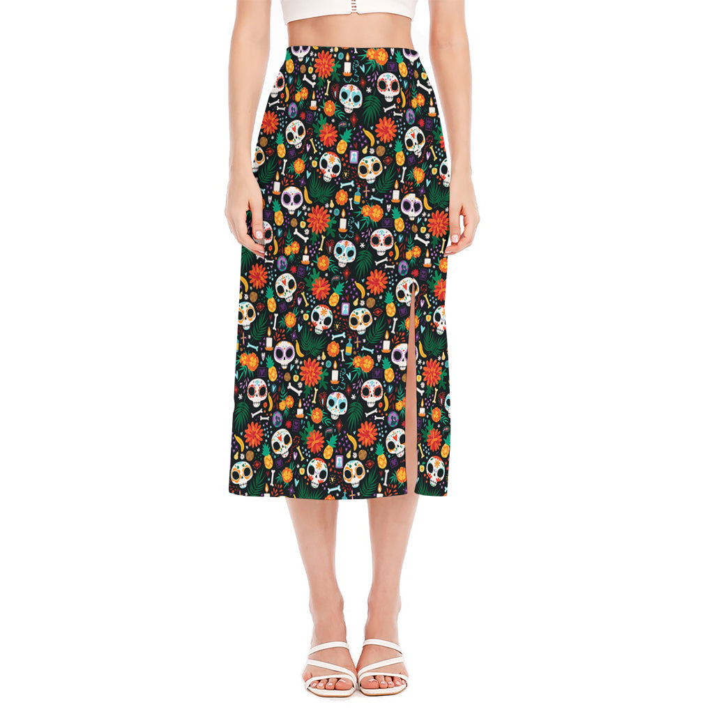 Dia De Los Muertos Day Of The Dead Print Side Slit Midi Skirt