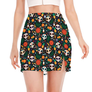 Dia De Los Muertos Day Of The Dead Print Side Slit Mini Skirt