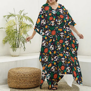 Dia De Los Muertos Day Of The Dead Print Silk V-Neck Kaftan Dress