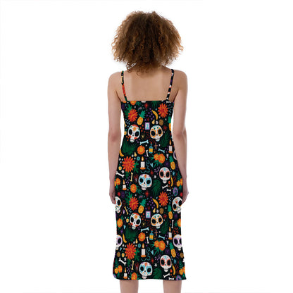 Dia De Los Muertos Day Of The Dead Print Slim Fit Midi Cami Dress