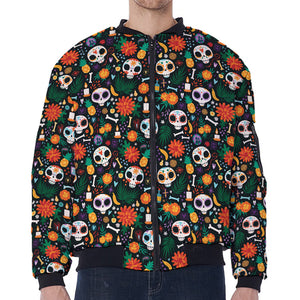 Dia De Los Muertos Day Of The Dead Print Zip Sleeve Bomber Jacket