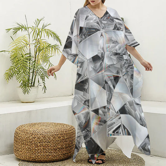 Diamond Artwork Print Silk V-Neck Kaftan Dress