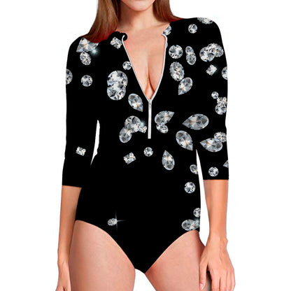 Diamond Gems Print Long Sleeve Swimsuit