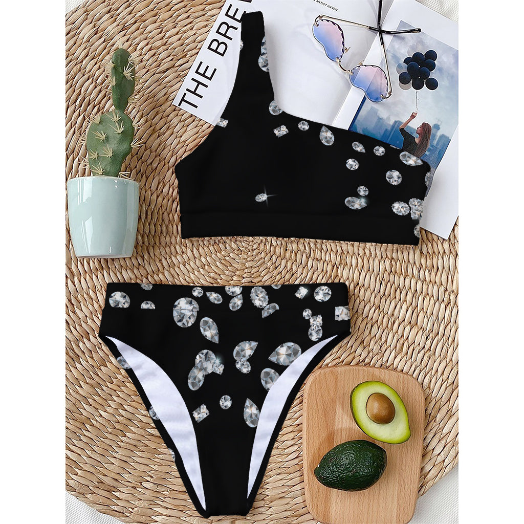 Diamond Gems Print One Shoulder Bikini Top