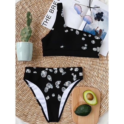 Diamond Gems Print One Shoulder Bikini Top