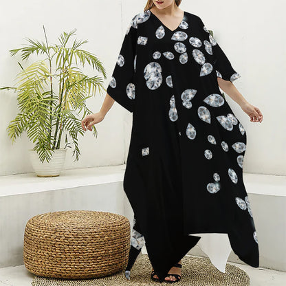 Diamond Gems Print Silk V-Neck Kaftan Dress