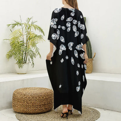 Diamond Gems Print Silk V-Neck Kaftan Dress