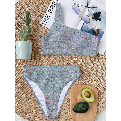 Diamond (NOT Real) Glitter Print One Shoulder Bikini Top
