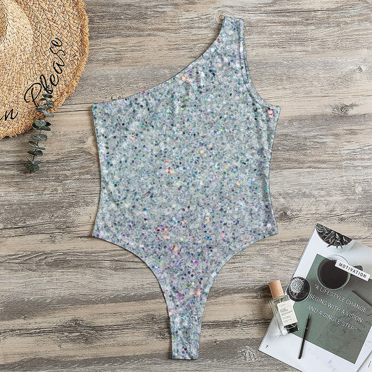Diamond (NOT Real) Glitter Print One Shoulder Bodysuit