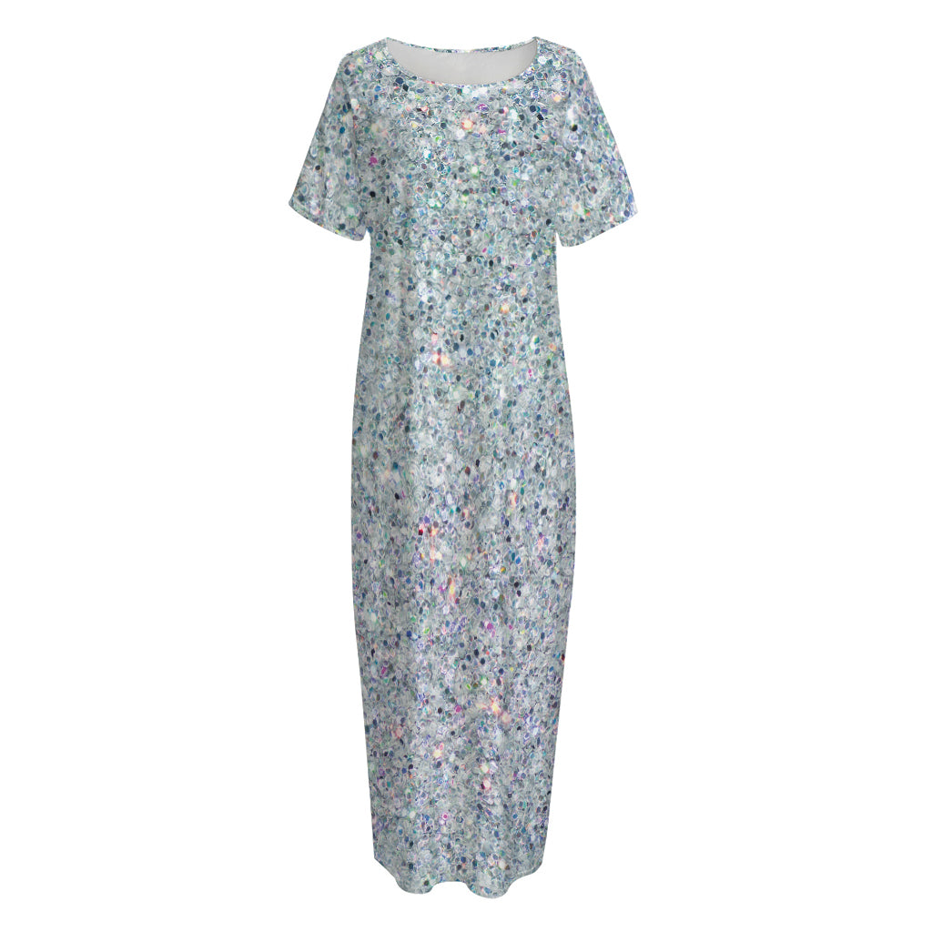 Diamond (NOT Real) Glitter Print Short Sleeve Long Nightdress