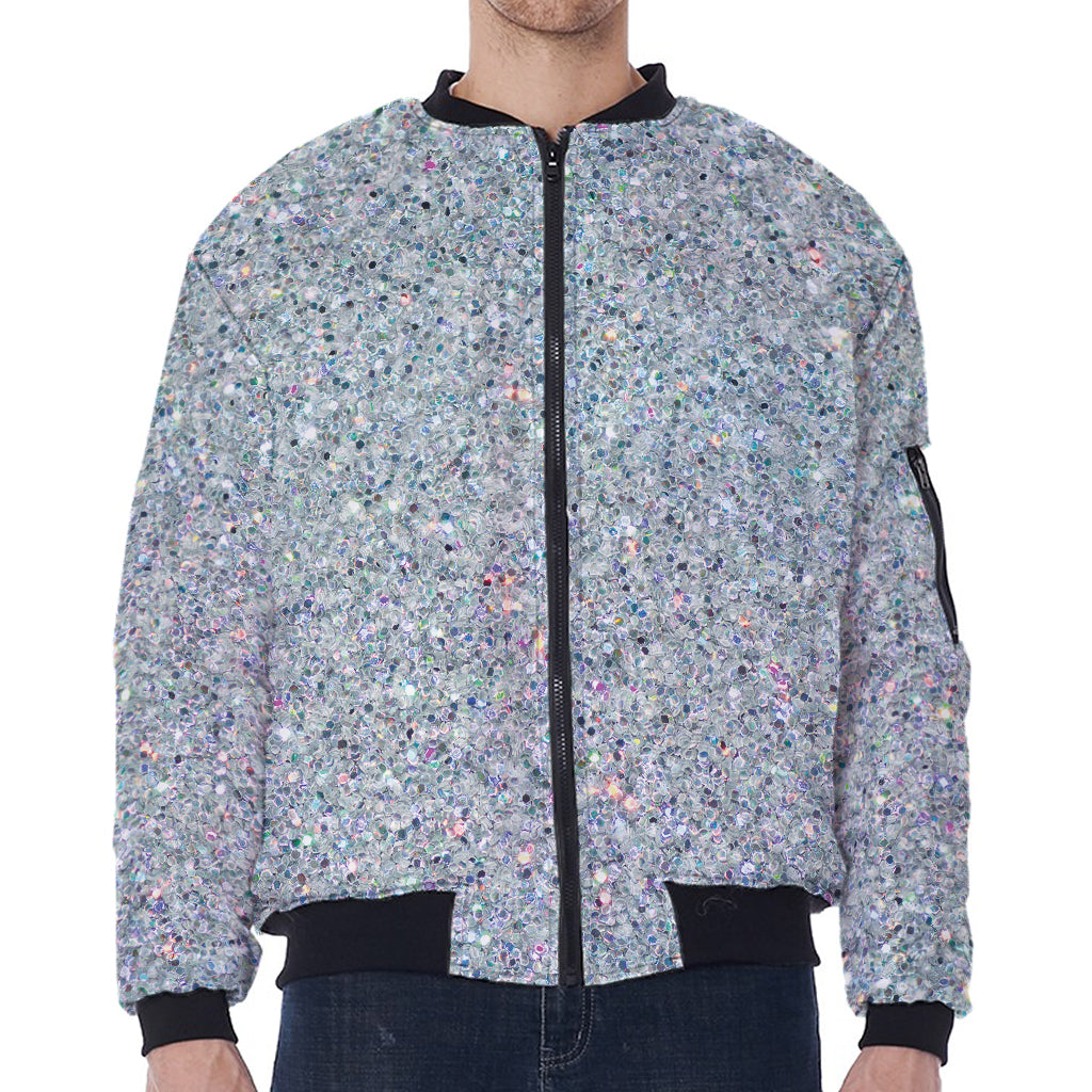 Diamond (NOT Real) Glitter Print Zip Sleeve Bomber Jacket