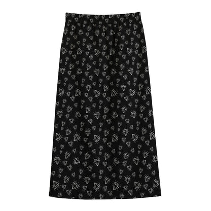 Diamond Pattern Print Cotton Front Slit Maxi Skirt