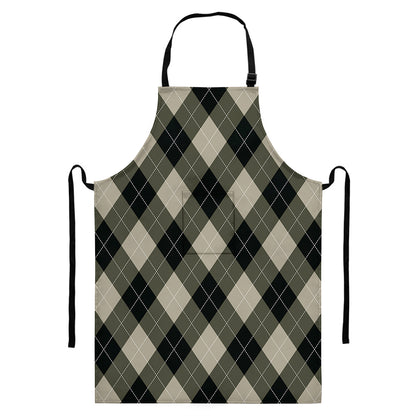 Diamond Shapes Argyle Pattern Print Bib Apron With Pocket
