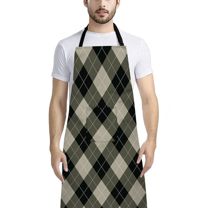 Diamond Shapes Argyle Pattern Print Bib Apron With Pocket