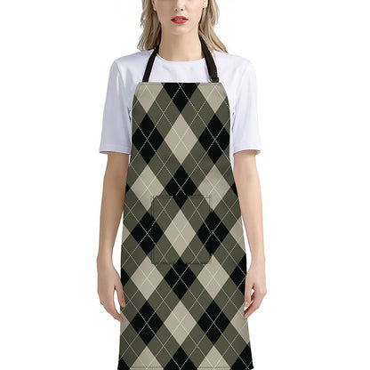 Diamond Shapes Argyle Pattern Print Bib Apron With Pocket