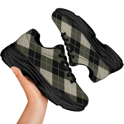 Diamond Shapes Argyle Pattern Print Black Chunky Shoes