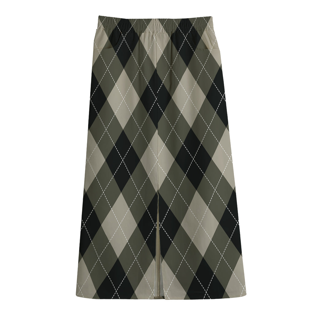 Diamond Shapes Argyle Pattern Print Cotton Front Slit Maxi Skirt