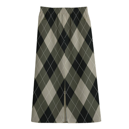 Diamond Shapes Argyle Pattern Print Cotton Front Slit Maxi Skirt