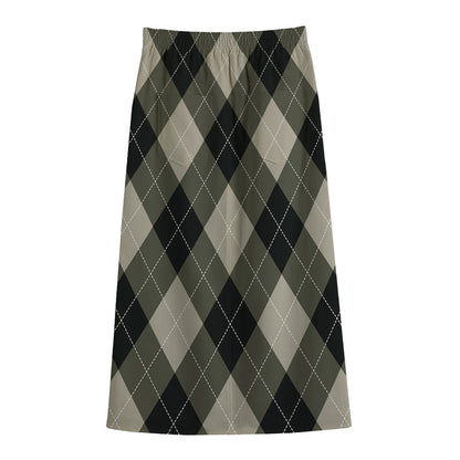Diamond Shapes Argyle Pattern Print Cotton Front Slit Maxi Skirt