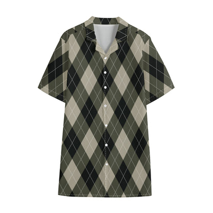 Diamond Shapes Argyle Pattern Print Cotton Hawaiian Shirt