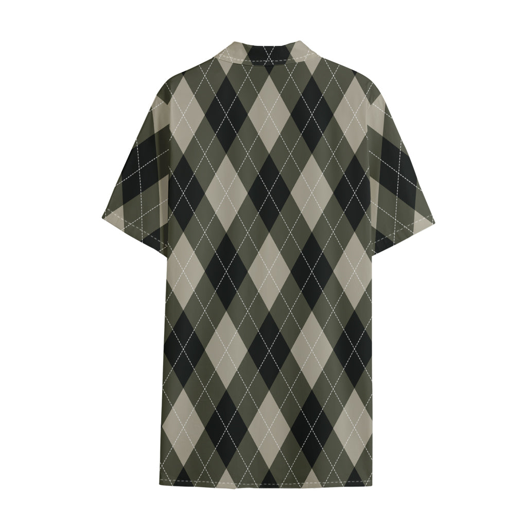 Diamond Shapes Argyle Pattern Print Cotton Hawaiian Shirt