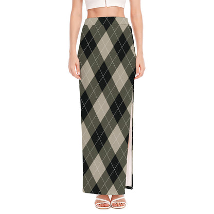 Diamond Shapes Argyle Pattern Print High Slit Maxi Skirt