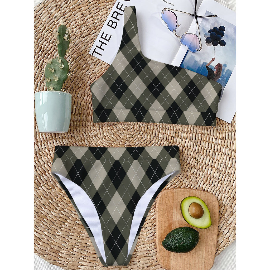 Diamond Shapes Argyle Pattern Print One Shoulder Bikini Top